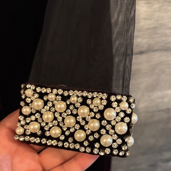 Sherri Hill Velvet Sweatheart Neckline Mesh, Crystal & Pearl detail Midi Dress - Picture 6 of 13